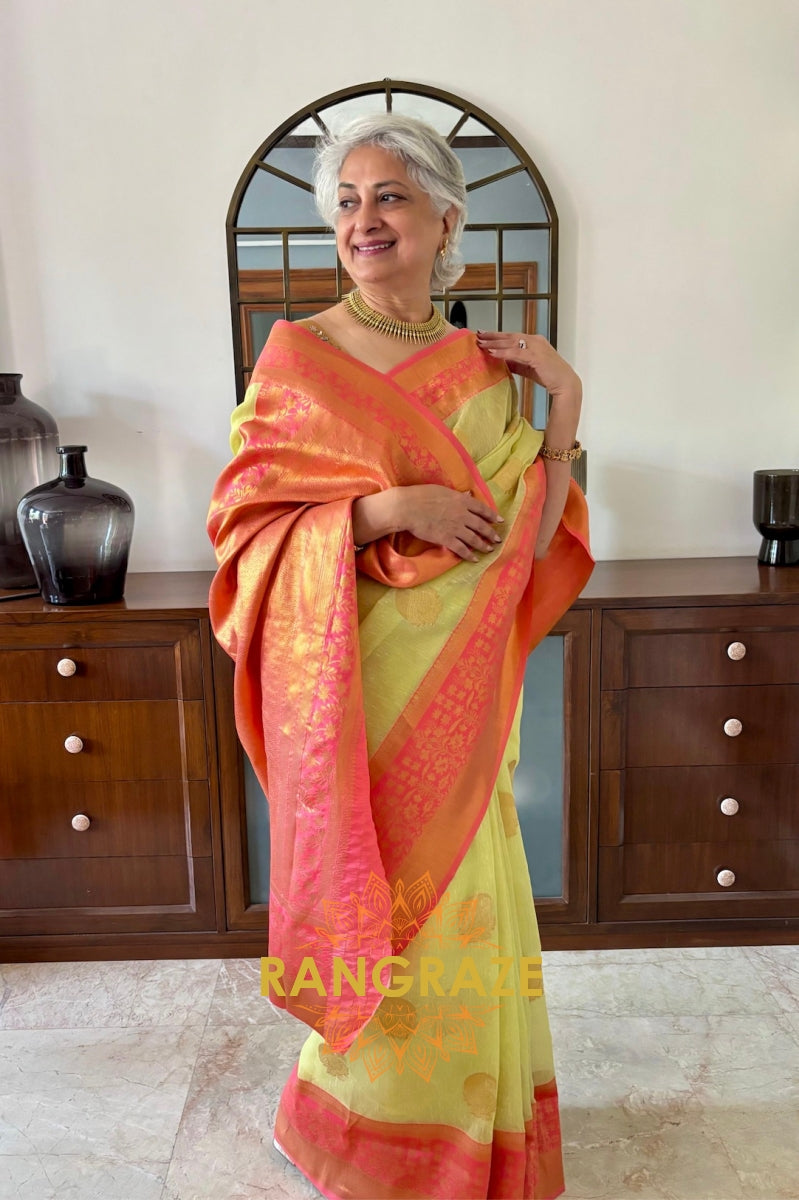 Lime Green Pure Linen Copper Zari Banarasi Weaving Saree