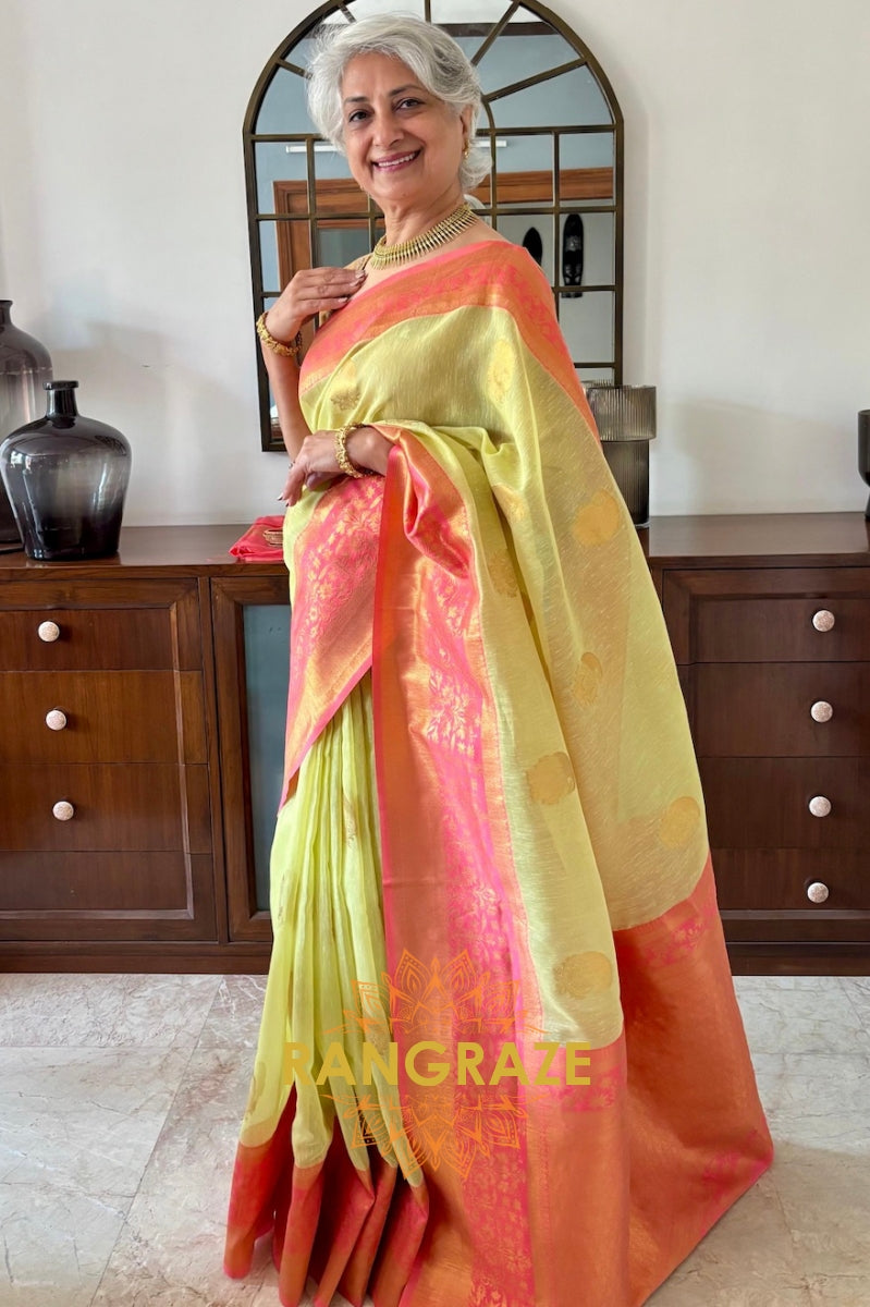 Lime Green Pure Linen Copper Zari Banarasi Weaving Saree