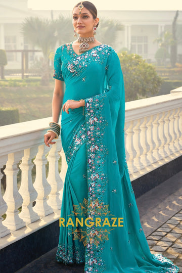 Teal Blossom Designer Crepe Silk Saree