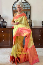 Lime Green Pure Linen Copper Zari Banarasi Weaving Saree
