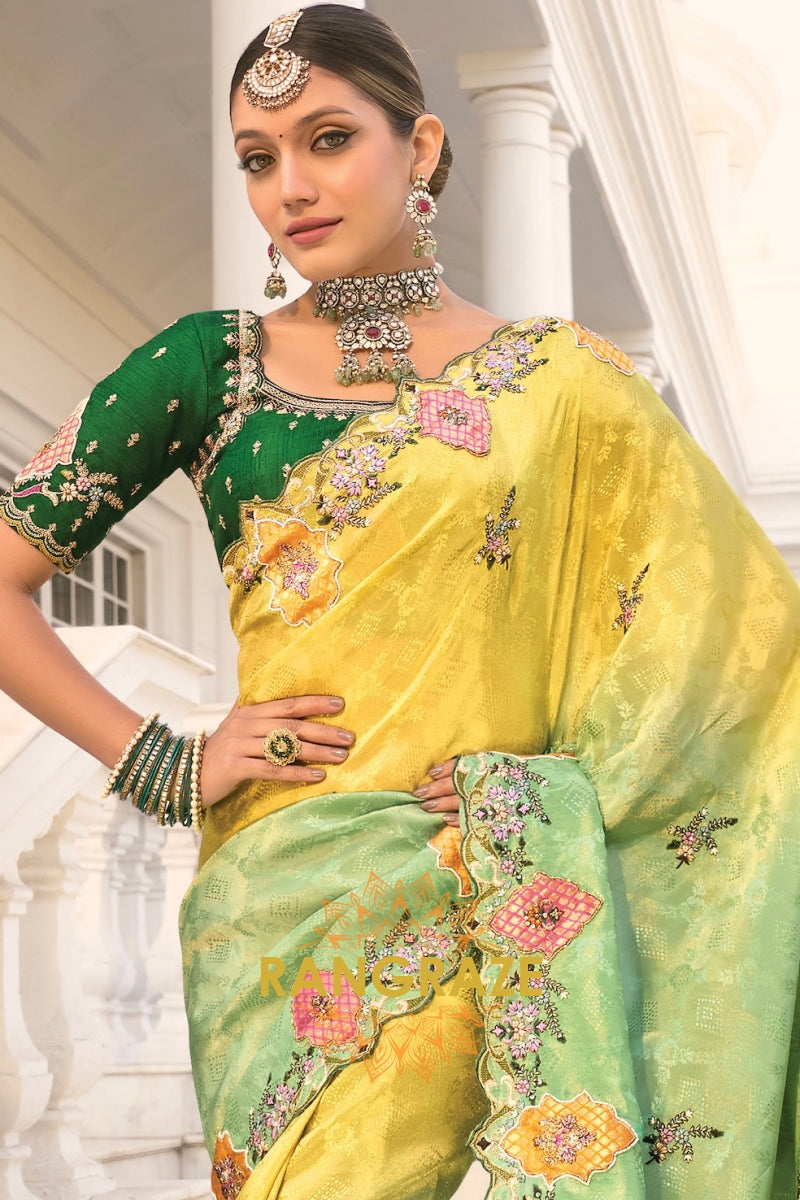 Lemon & Green Regal Designer Crepe Jaquard Saree