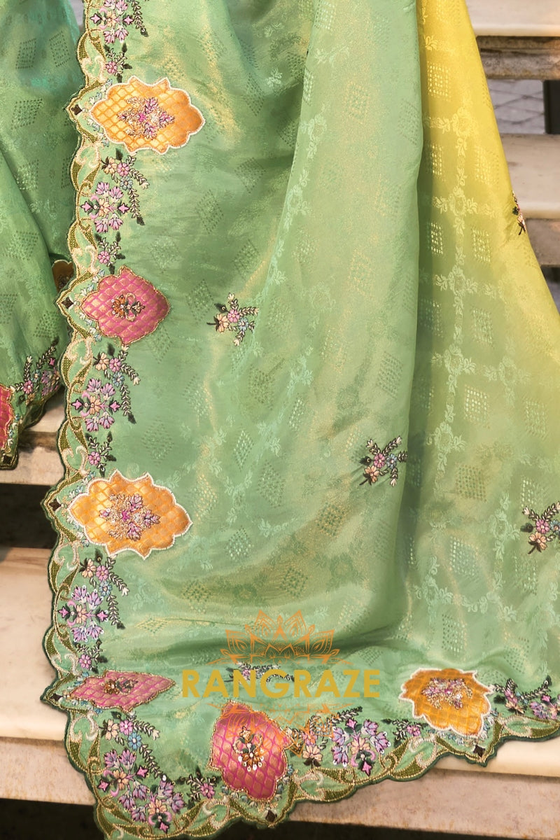 Lemon & Green Regal Designer Crepe Jaquard Saree