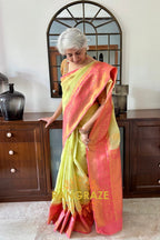 Lime Green Pure Linen Copper Zari Banarasi Weaving Saree
