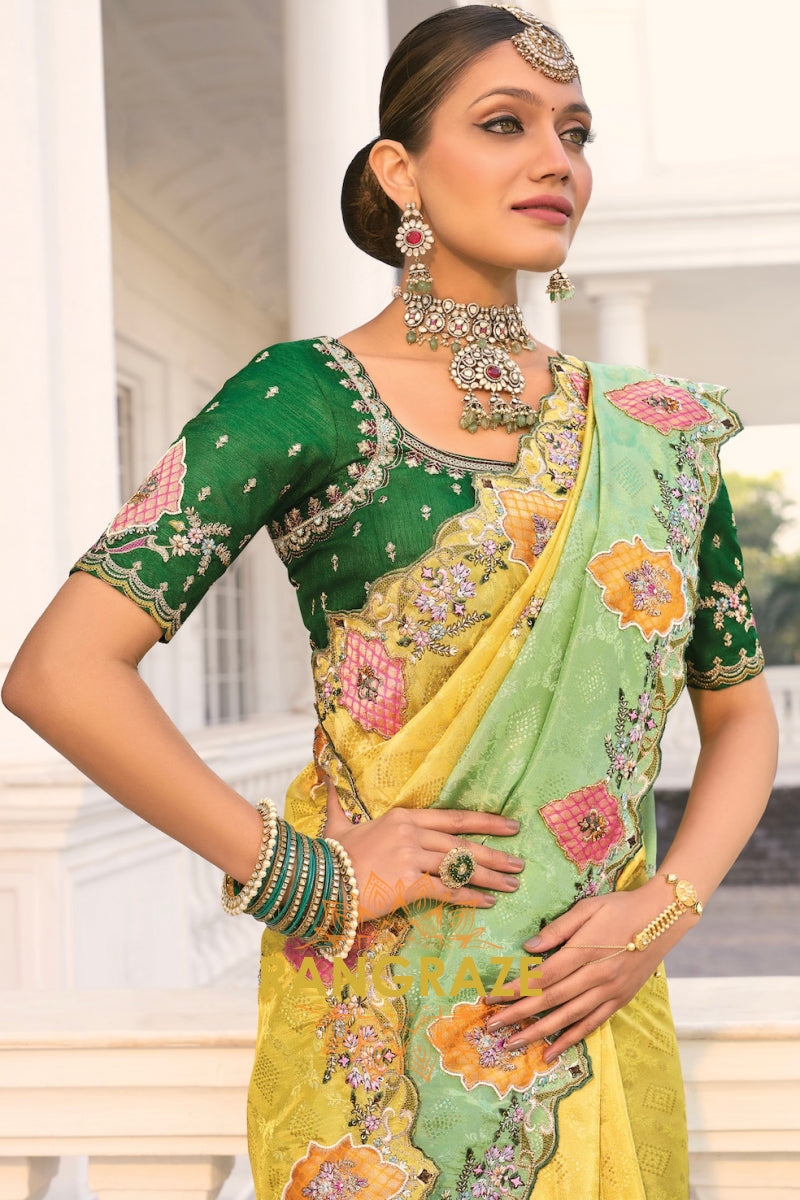 Lemon & Green Regal Designer Crepe Jaquard Saree