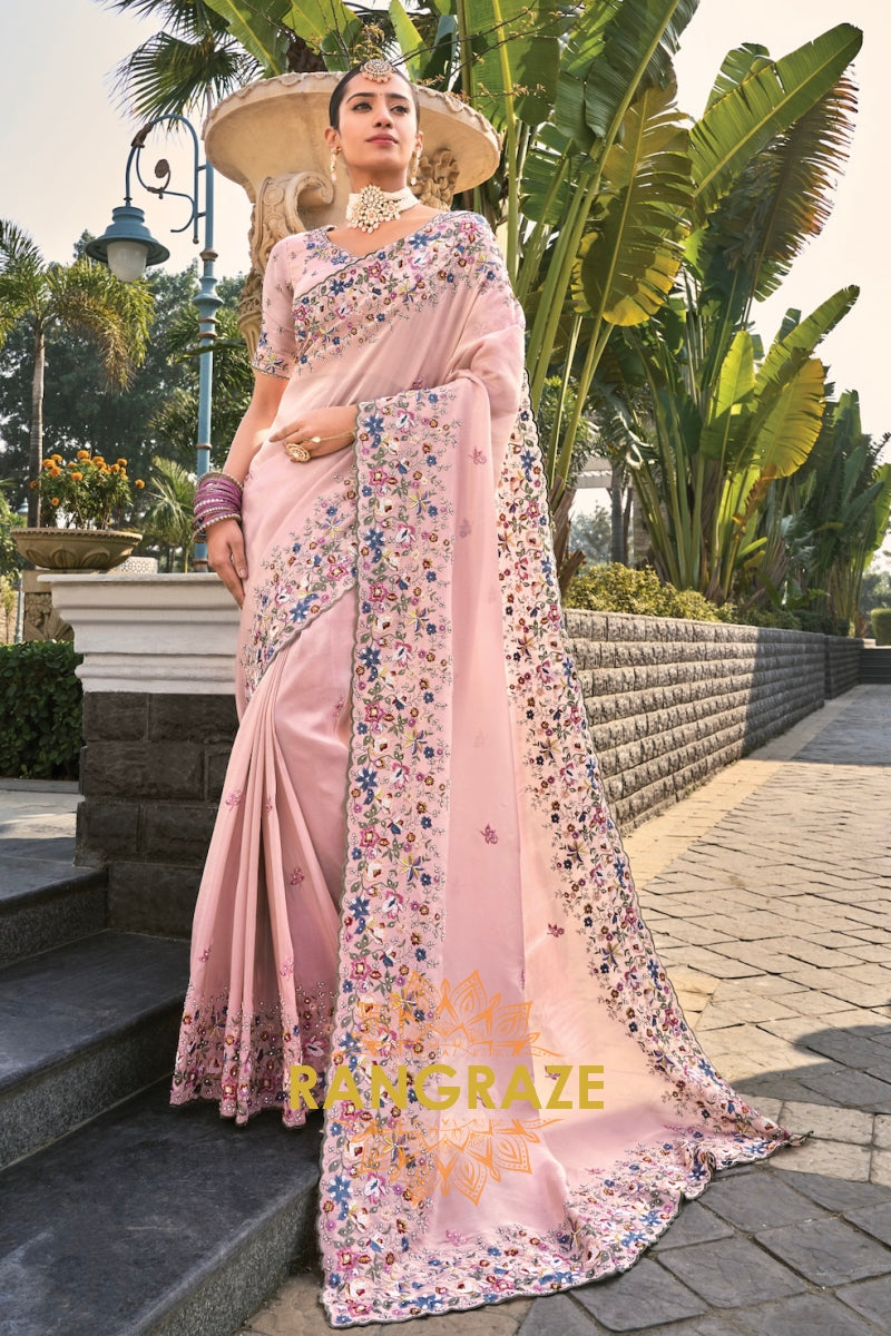 Blush Radiance Designer Embroidered Banarasi Zari Saree