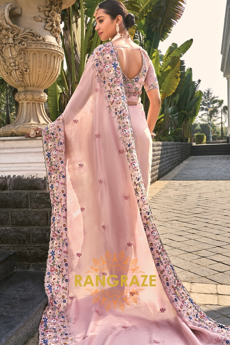 Blush Radiance Designer Embroidered Banarasi Zari Saree