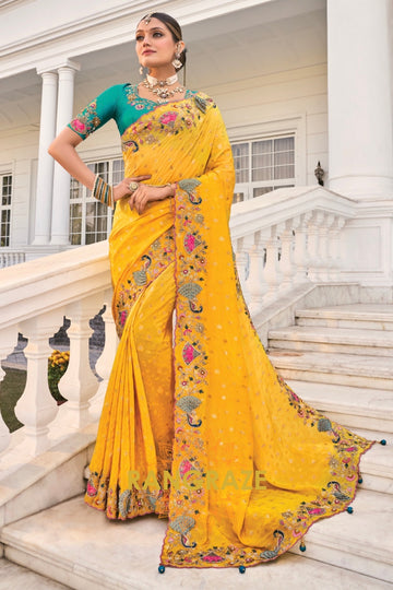 Regal Yellow Designer Embroidered Banarasi Zari Silk Saree