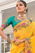 Regal Yellow Designer Embroidered Banarasi Zari Silk Saree
