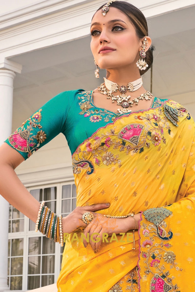 Regal Yellow Designer Embroidered Banarasi Zari Silk Saree