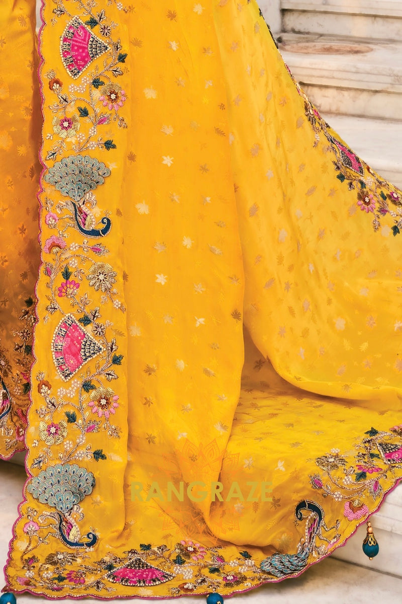 Regal Yellow Designer Embroidered Banarasi Zari Silk Saree