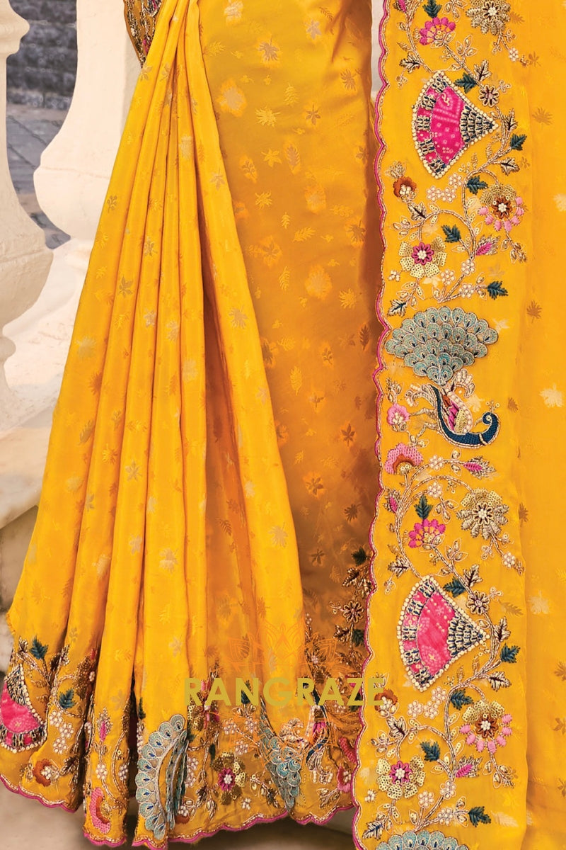 Regal Yellow Designer Embroidered Banarasi Zari Silk Saree