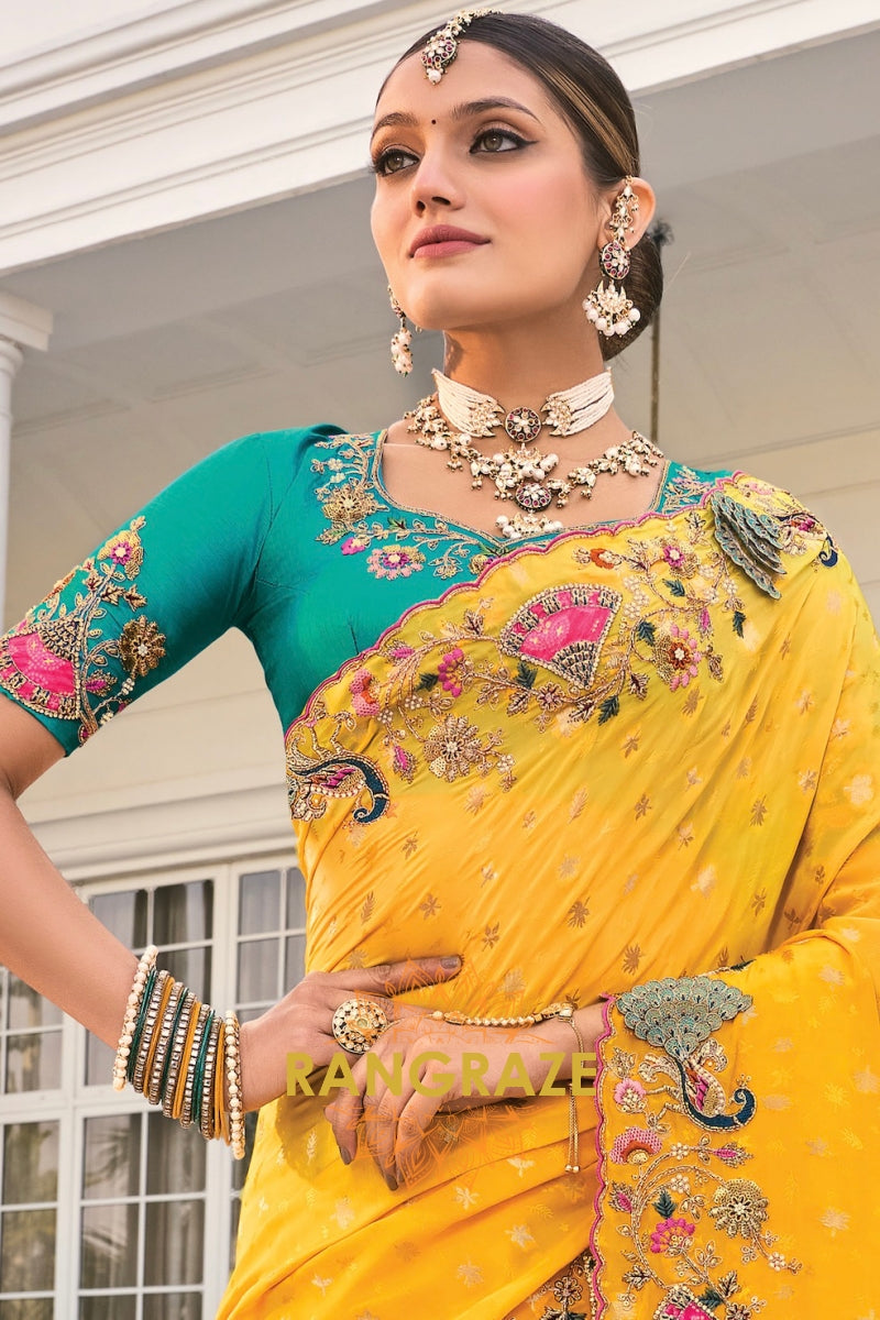 Regal Yellow Designer Embroidered Banarasi Zari Silk Saree