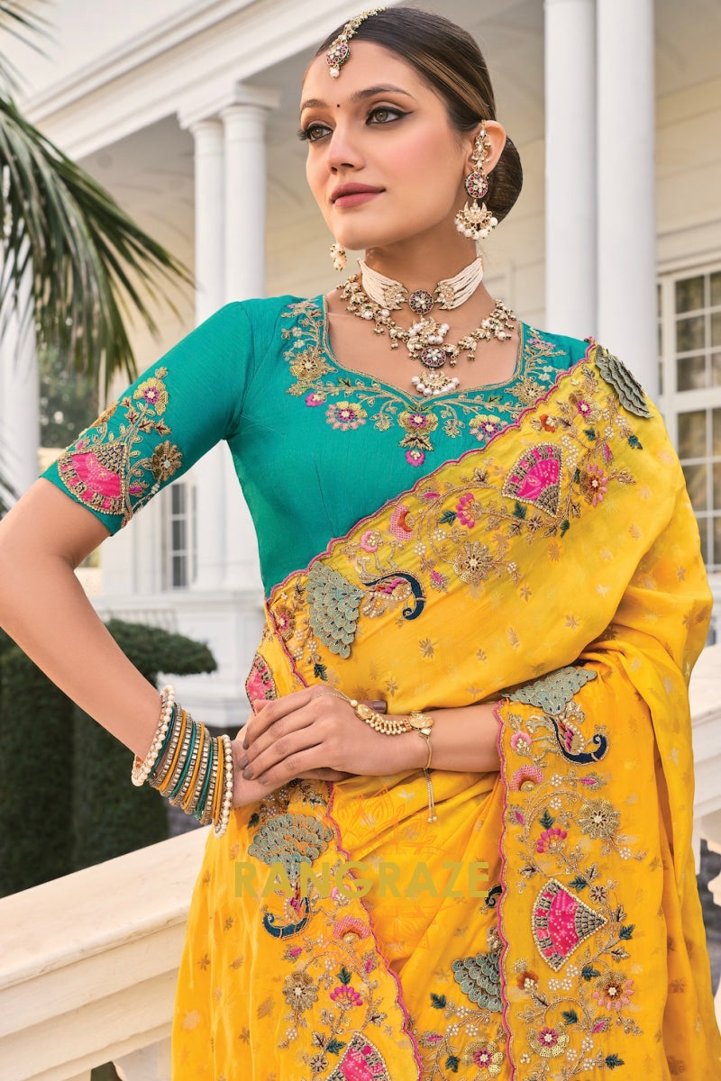 Regal Yellow Designer Embroidered Banarasi Zari Silk Saree