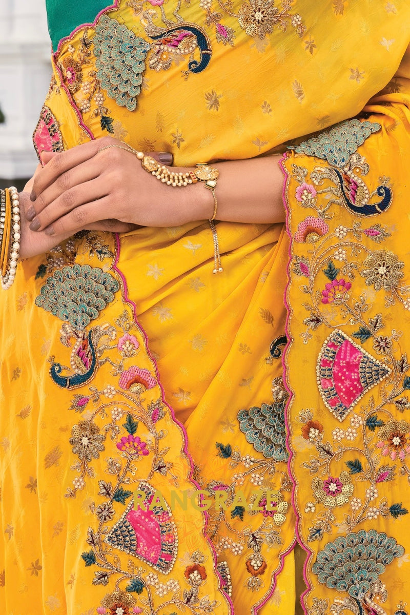 Regal Yellow Designer Embroidered Banarasi Zari Silk Saree