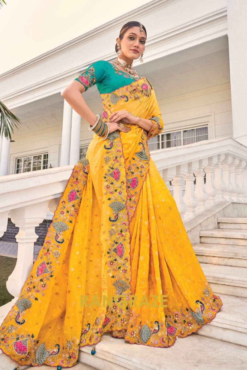 Regal Yellow Designer Embroidered Banarasi Zari Silk Saree