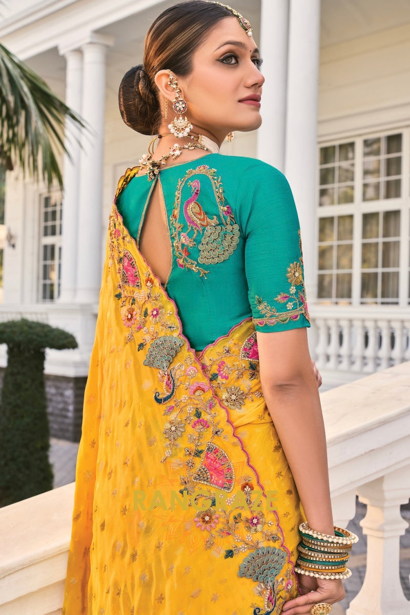 Regal Yellow Designer Embroidered Banarasi Zari Silk Saree