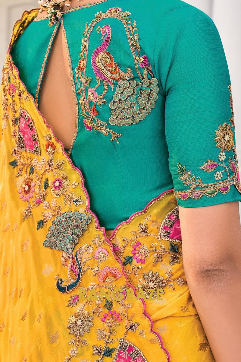 Regal Yellow Designer Embroidered Banarasi Zari Silk Saree
