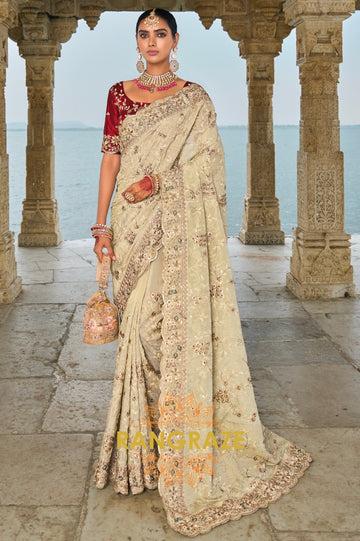 Ivory Majesty: Designer Embroidered Banarasi Silk Saree