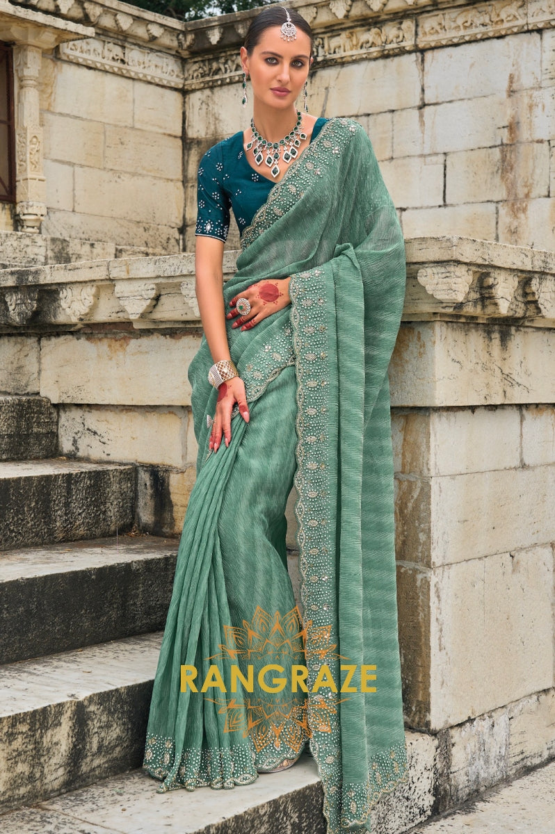 Seafoam Splendor: Designer Crushed Tissue Saree