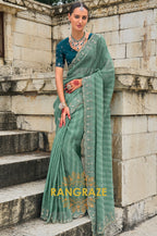 Seafoam Splendor: Designer Crushed Pure Tissue Saree