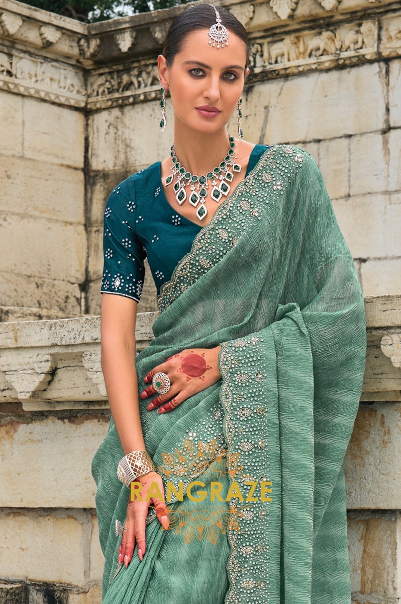 Seafoam Splendor: Designer Crushed Pure Tissue Saree