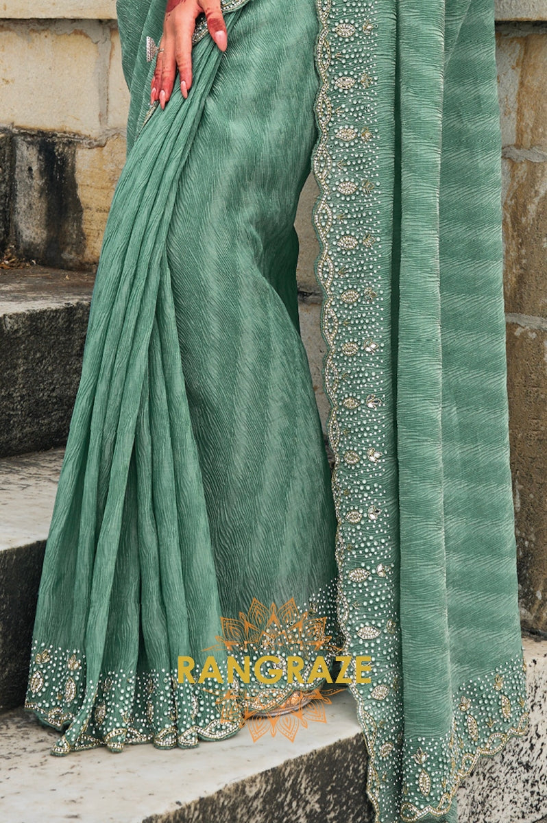 Seafoam Splendor: Designer Crushed Pure Tissue Saree