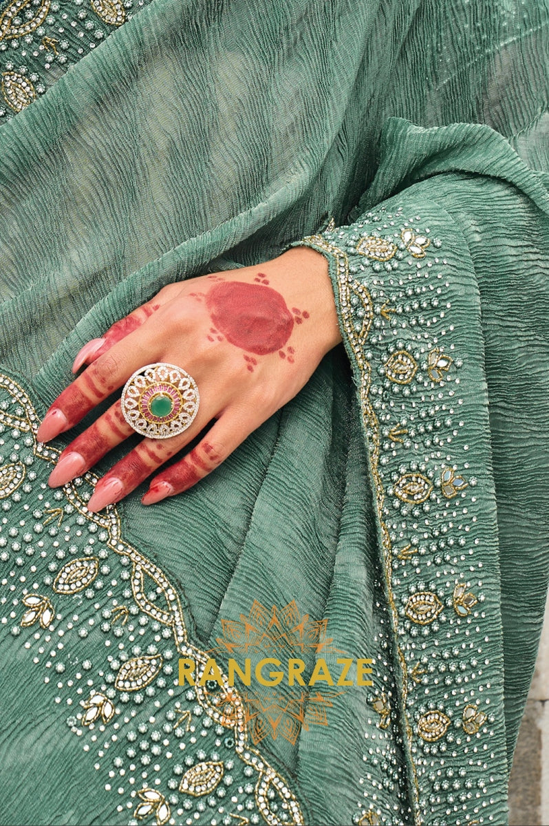 Seafoam Splendor: Designer Crushed Pure Tissue Saree