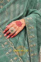 Seafoam Splendor: Designer Crushed Pure Tissue Saree