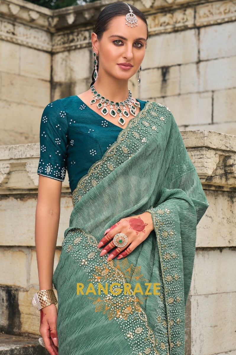 Seafoam Splendor: Designer Crushed Pure Tissue Saree