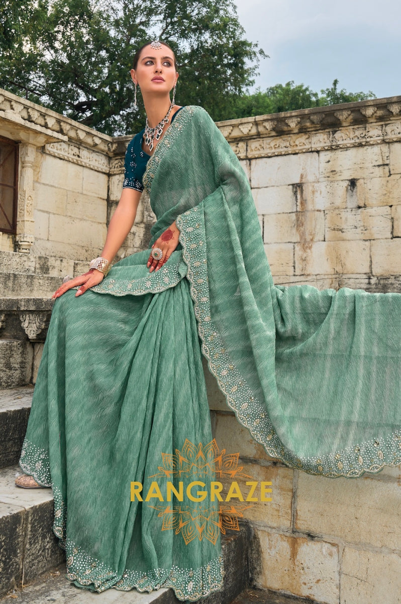 Seafoam Splendor: Designer Crushed Pure Tissue Saree