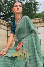 Seafoam Splendor: Designer Crushed Pure Tissue Saree
