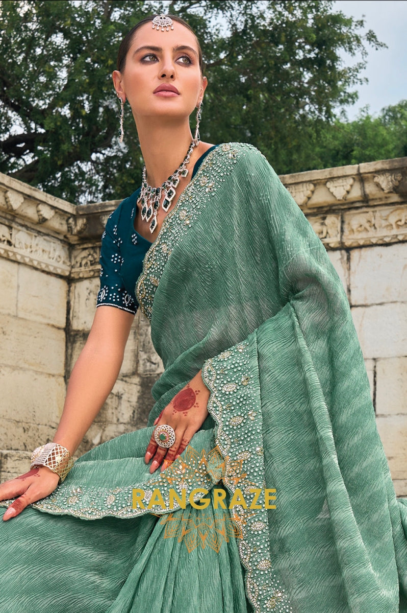 Seafoam Splendor: Designer Crushed Pure Tissue Saree