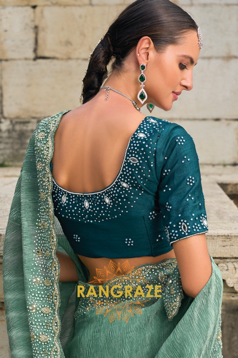 Seafoam Splendor: Designer Crushed Tissue Saree