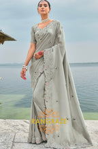 Silver Blossom: Grey Pure Banarasi Zari Designer Saree