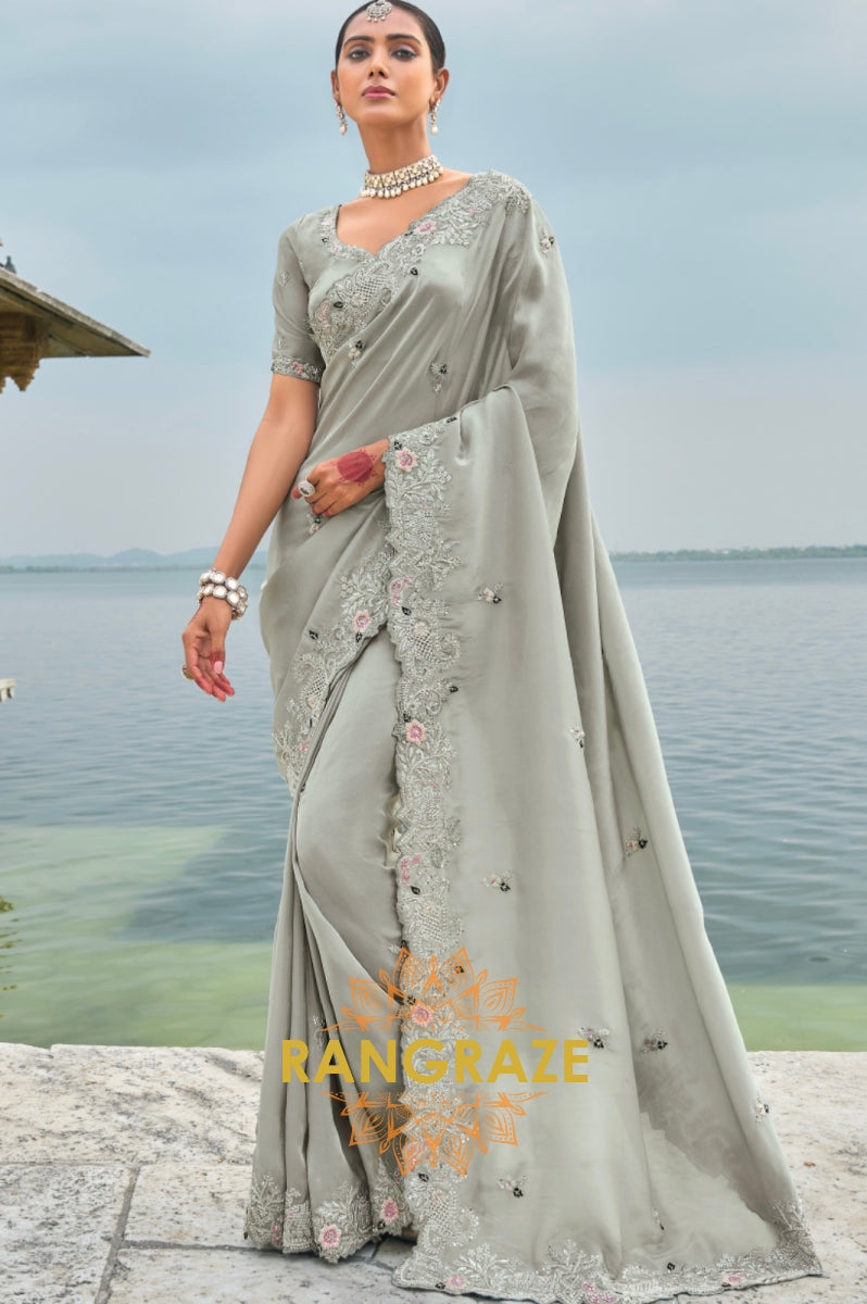 Silver Blossom: Grey Pure Banarasi Zari Designer Saree