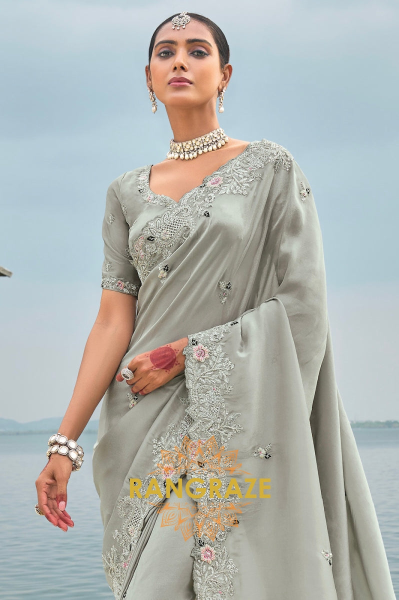 Silver Blossom: Grey Pure Banarasi Zari Designer Saree
