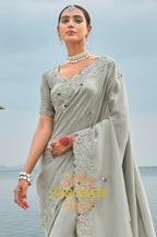 Silver Blossom: Grey Pure Banarasi Zari Designer Saree