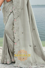 Silver Blossom: Grey Pure Banarasi Zari Designer Saree