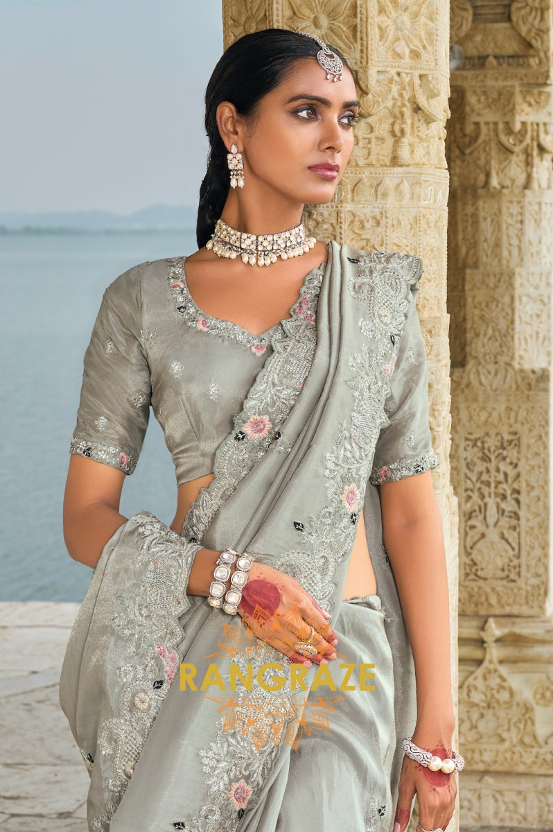 Silver Blossom: Grey Banarasi Zari Designer Saree