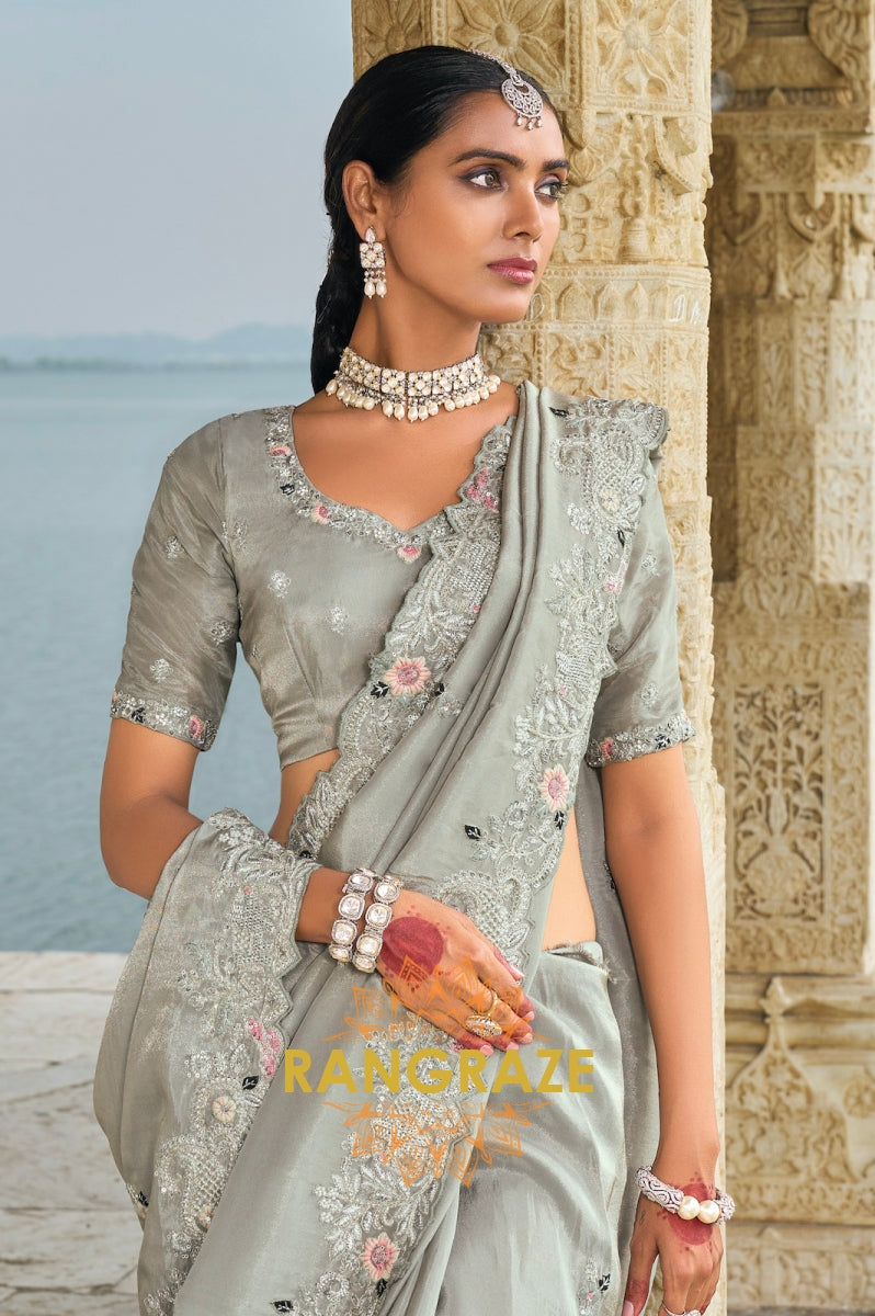 Silver Blossom: Grey Pure Banarasi Zari Designer Saree