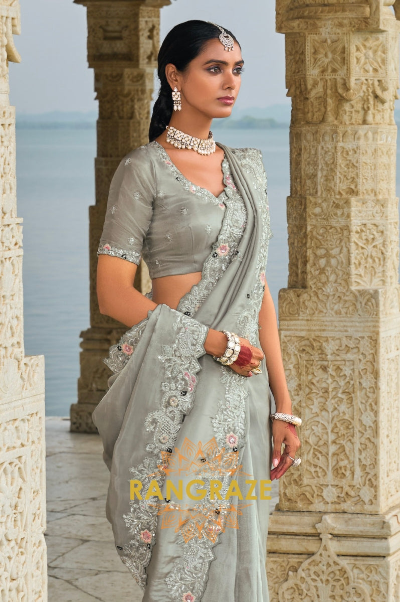 Silver Blossom: Grey Pure Banarasi Zari Designer Saree