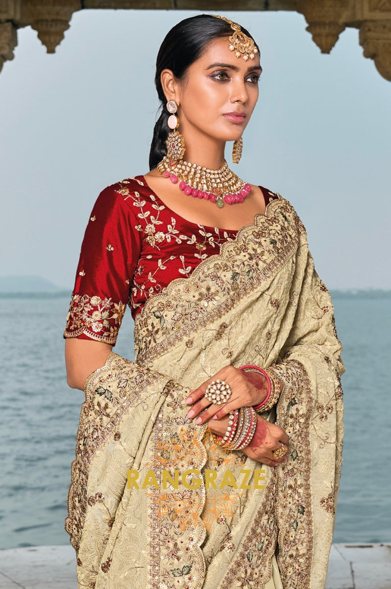 Ivory Majesty: Designer Embroidered Banarasi Silk Saree