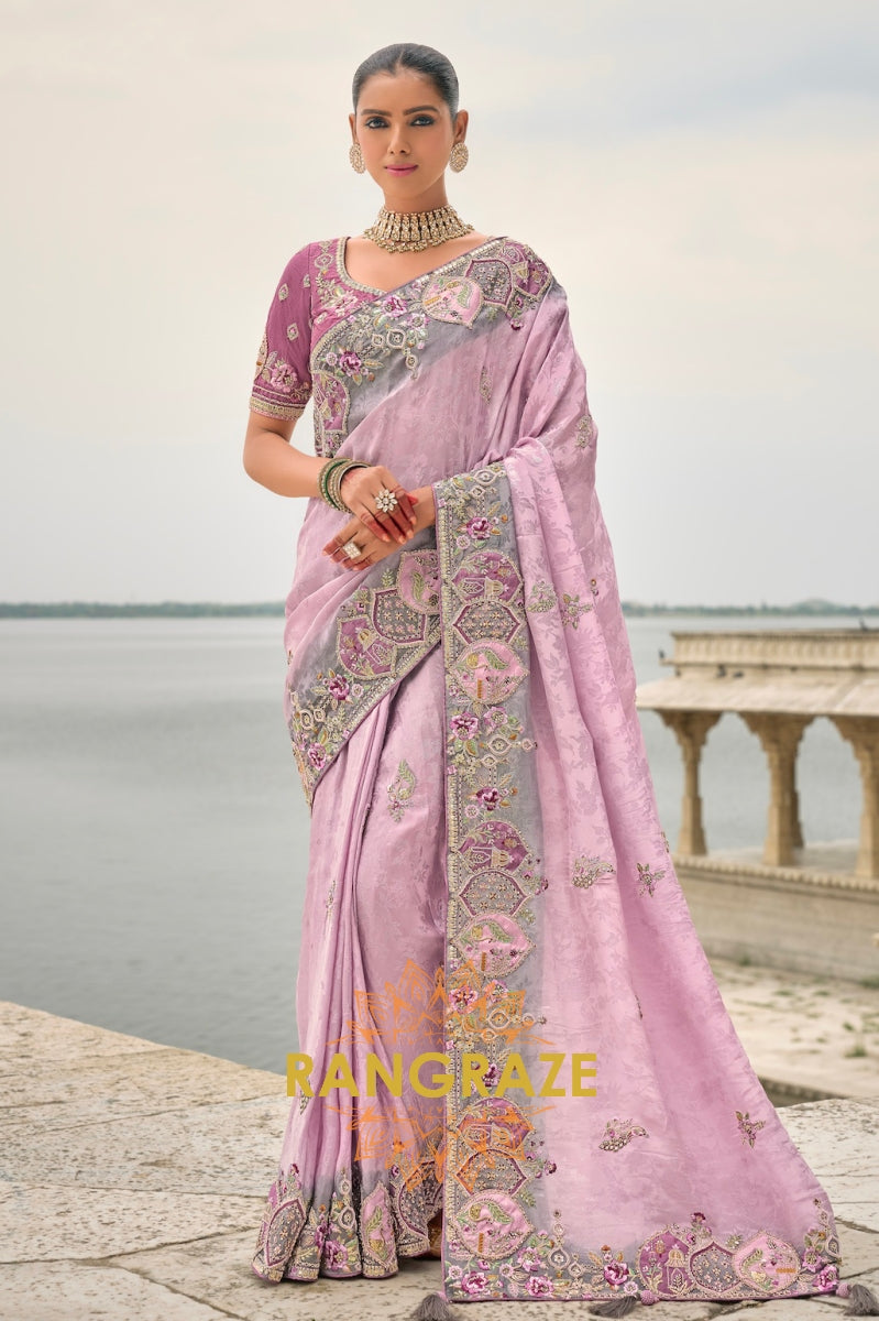 Designer Lilac Opulence: Silk Saree with Exquisite Handcrafted Embroidery