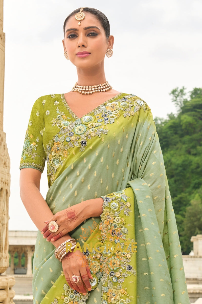 Mystic Sage Elegance: Designer Embroidered Saree