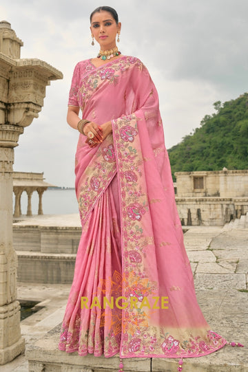 Designer Blush Bloom: Silk Saree with Handcrafted Embroidery