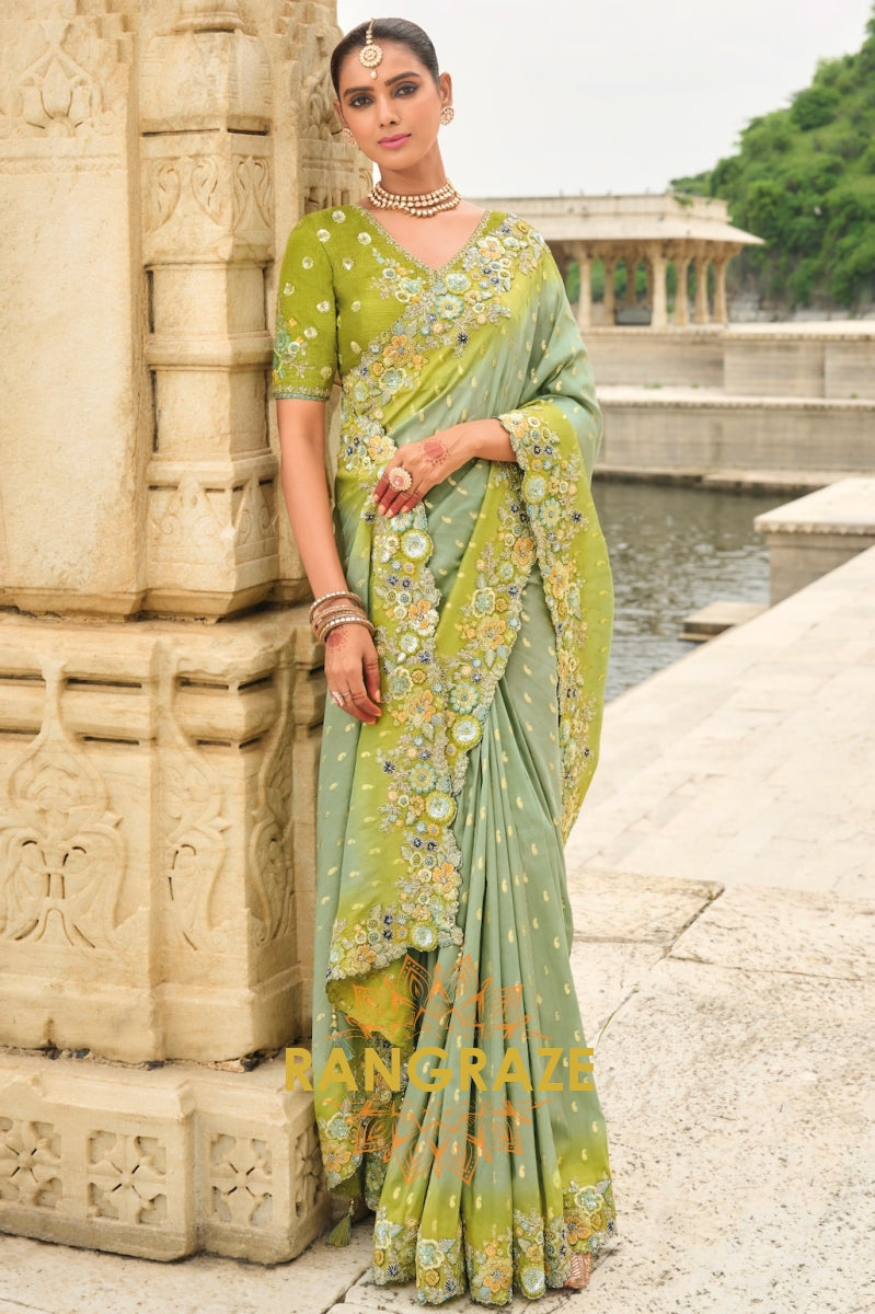 Mystic Sage Elegance: Designer Embroidered Saree
