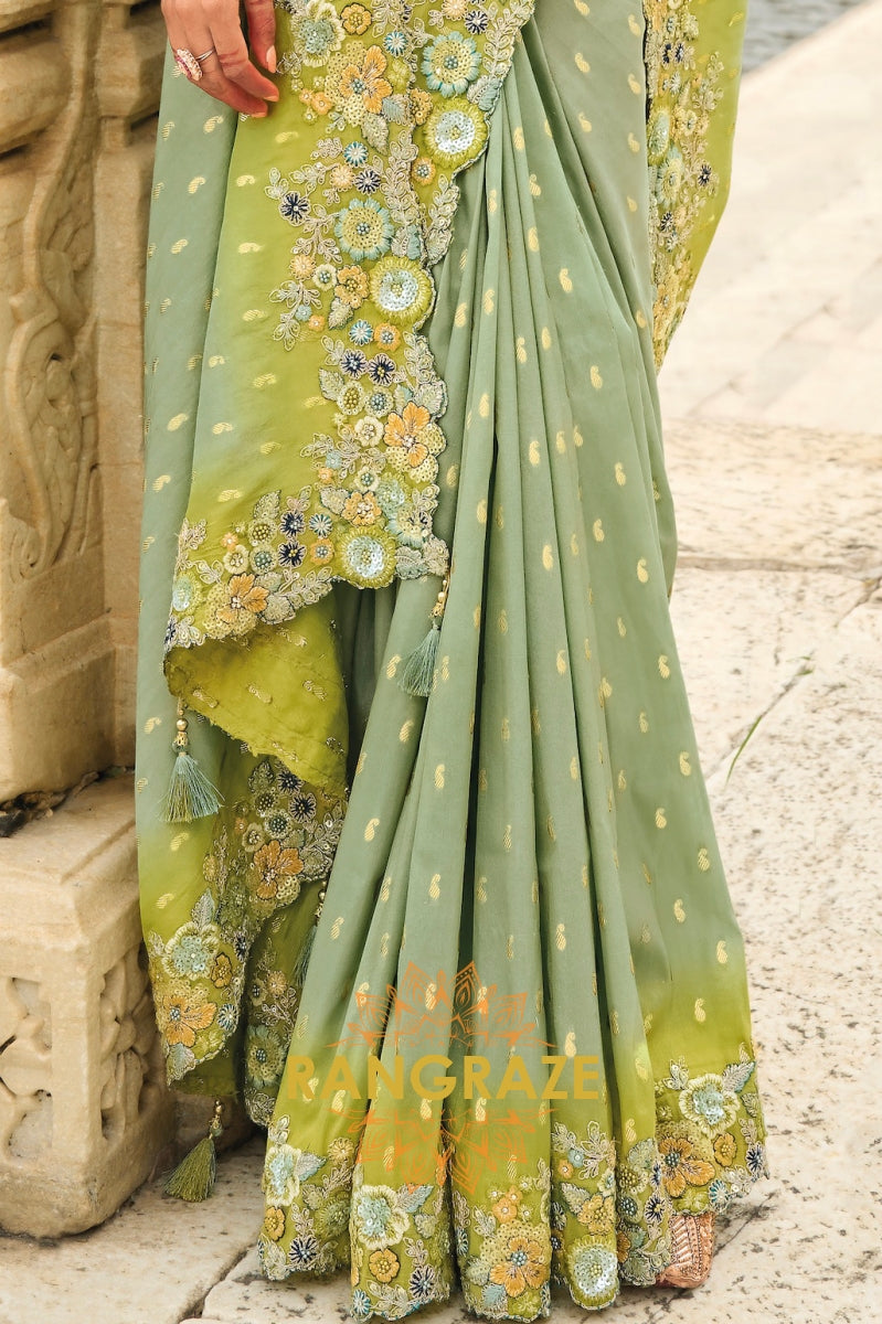 Mystic Sage Elegance: Designer Embroidered Saree