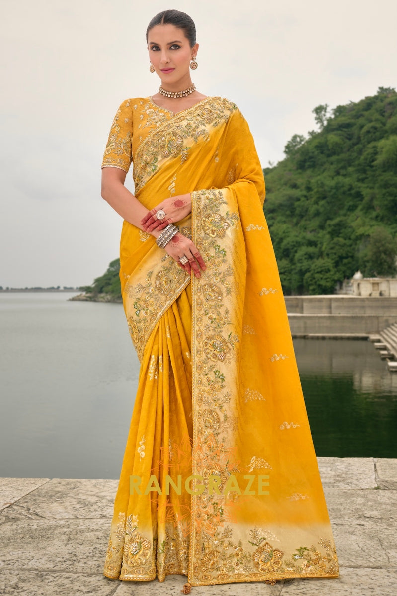 Designer Sunshine Bloom: Silk Saree with Handcrafted Embroidery