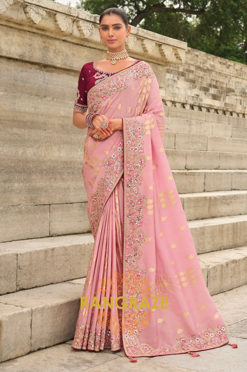 Blush Rose Elegance: Designer Embroidered Silk Saree