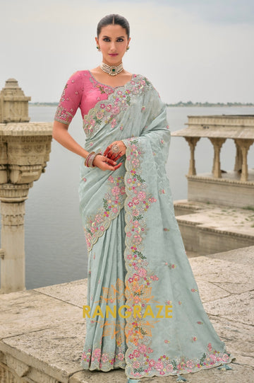 Designer Misty Bloom: Silk Saree with Handcrafted Embroidery